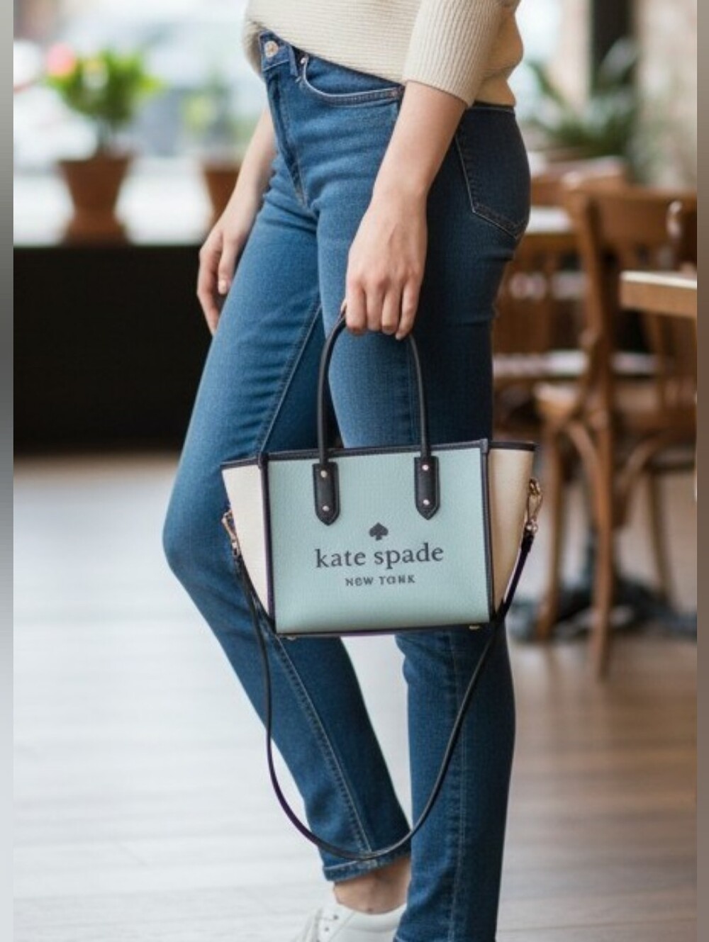 Kate Spade ♠️ Ella Color-block poolside blue Small Pebbled Leather Tote bag